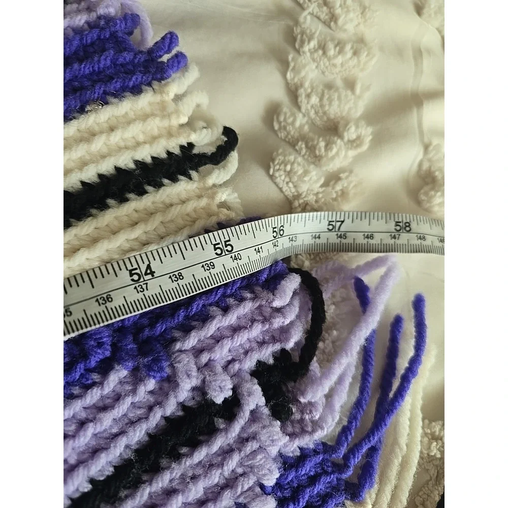 Purple White‎ Striped Grannycore Cottagecore Crochet Fringe Throw Afghan 56